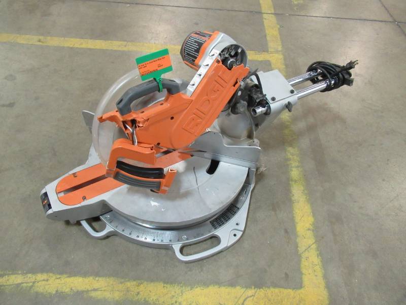 lot 169 image: RIDGID 15 Amp 12 in. Dual Bevel Miter Saw with Laser, R4122 - Missing Parts, Broken (Handle and Shroud)