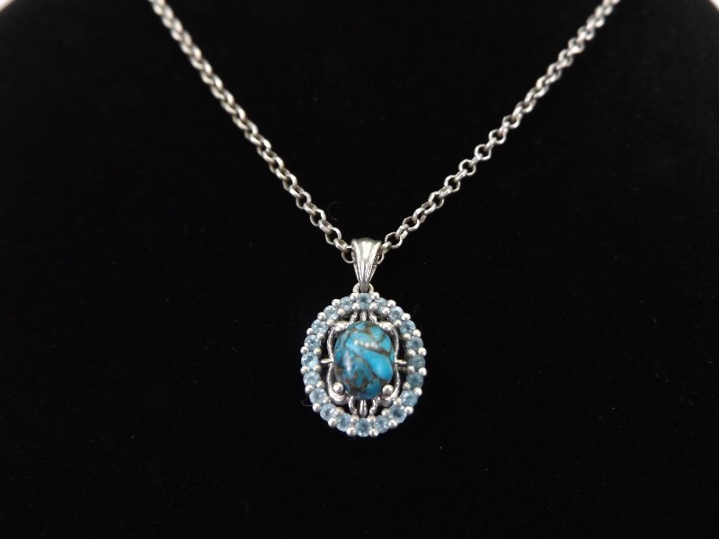.925 Sterling Silver Blue Topaz and Turquoise Cabochon Pendant Necklace
