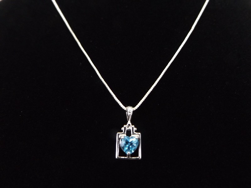 .925 Sterling Silver Blue Topaz Heart Pendant Necklace