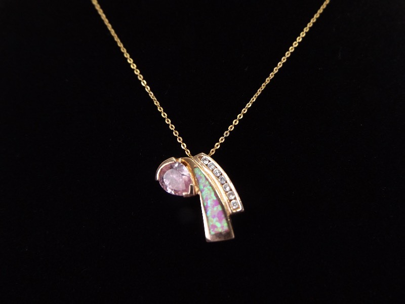 .925 Sterling Silver Rose Gold Fire Opal Pink Crystal Vermeil Pendant Necklace