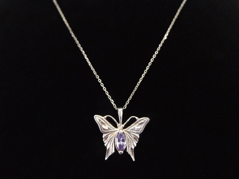 .925 Sterling Silver Faceted Amethyst Butterfly Pendant Necklace