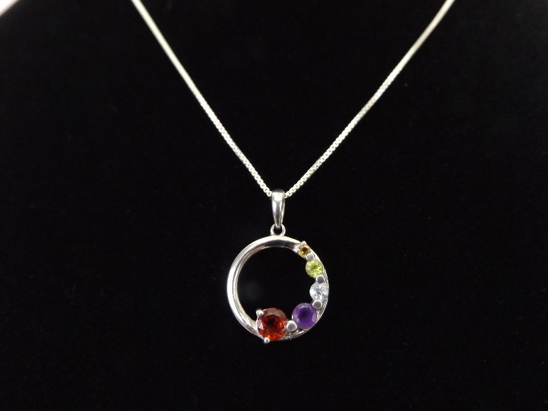 .925 Sterling Silver Multi Colored Faceted Crystal Pendant Necklace