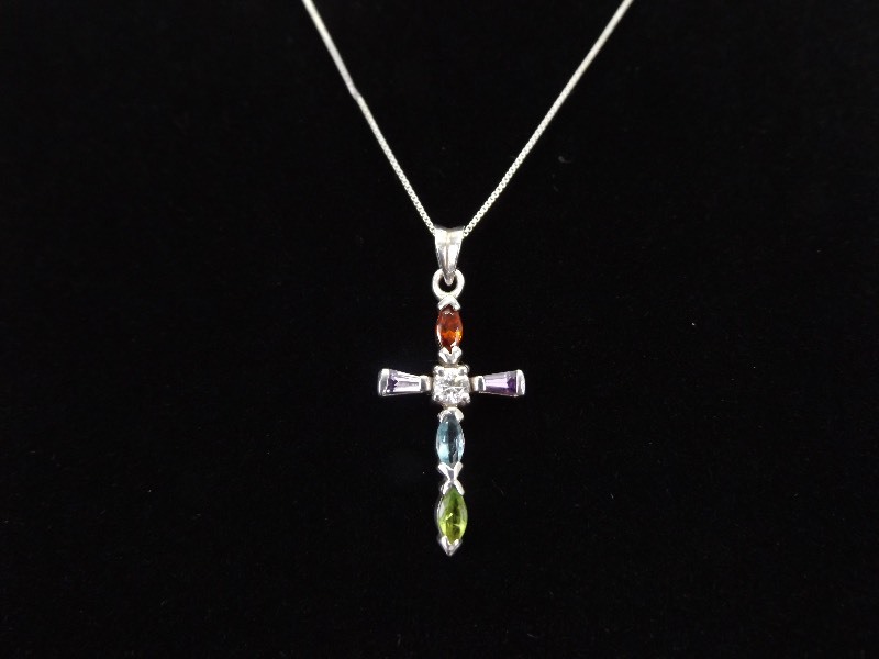 .925 Sterling Silver Multi Colored Faceted Crystal Cross Pendant Necklace