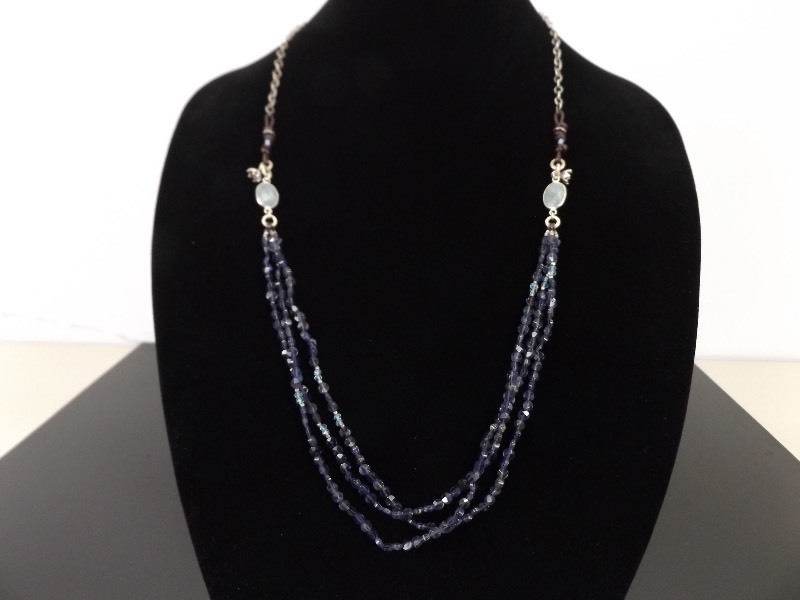 .925 Sterling Silver Amethyst, Prehnite, and Topaz 3 Strand Necklace