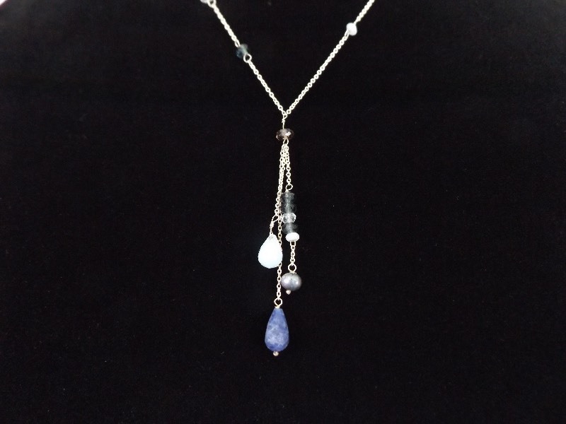.925 Sterling Silver Multi Semi Precious Stone Dangle Pendant Necklace