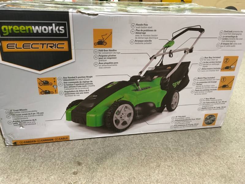 lot 5 image: Greenworks 16 in. 10 Amp Corded Electric Walk Behind Push Mower in good working condition