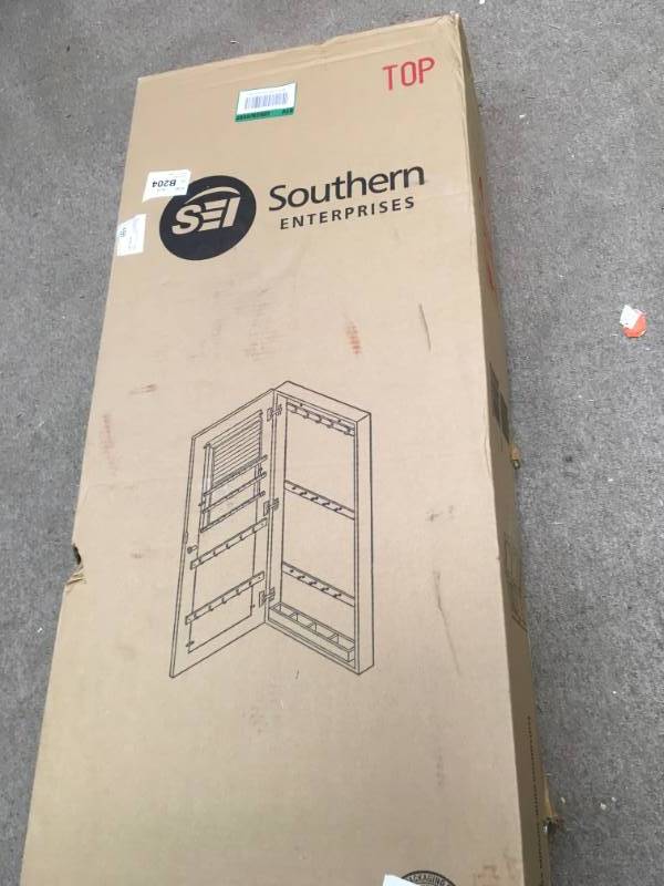 lot 6 image: Southern Enterprises 48-14 in. x 14-12 in. Wall-Mounted Jewelry Armoire with Mirror in Cherry in good condition
