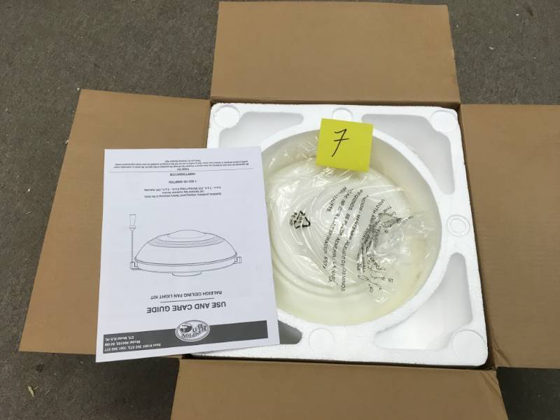lot 7 image: Hampton Bay Universal Ceiling Fan LED Light Kit Matte White with Shatter Resistant Bowl in good working condition