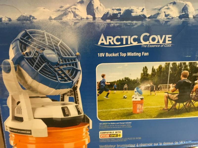 lot 39 image: Arctic Cove 18-Volt Two Speed Misting Bucket Top Fan not used