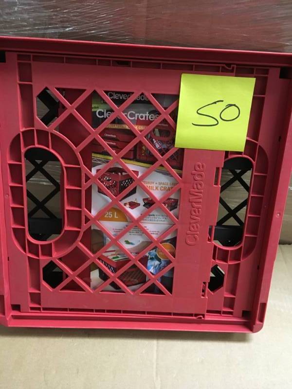 lot 50 image: CleverMade Collapsible Milk Crate - Stackable Collapsible Storage BinContainer  Utility Tote, 25 Liters, Red not used