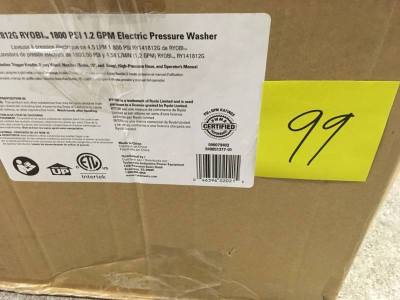 lot 99 image: RYOBI 1,800 psi 1.2 GPM Electric Pressure Washer in good working condition