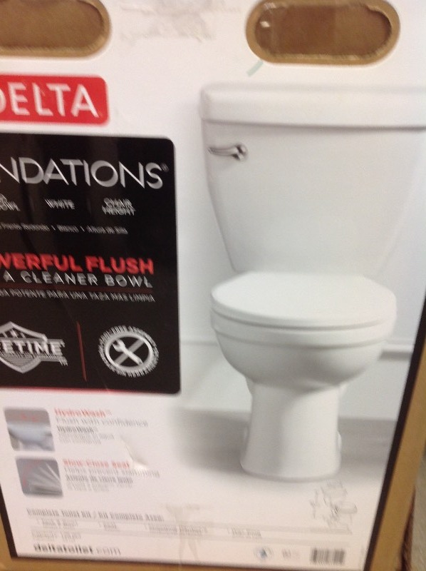 lot 104 image: Delta Foundations 2-piece 1.28 GPF Single Flush Round Front Toilet in White in good conditions