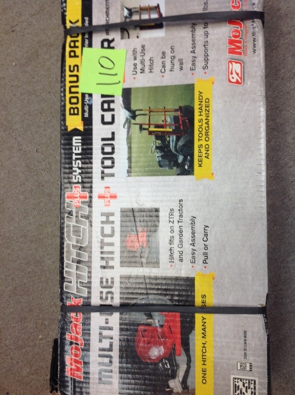 lot 110 image: MoJack Hitch Plus 3 in. Multi-Use Hitch Attachment and 26 in. Tool Carrier in good conditions