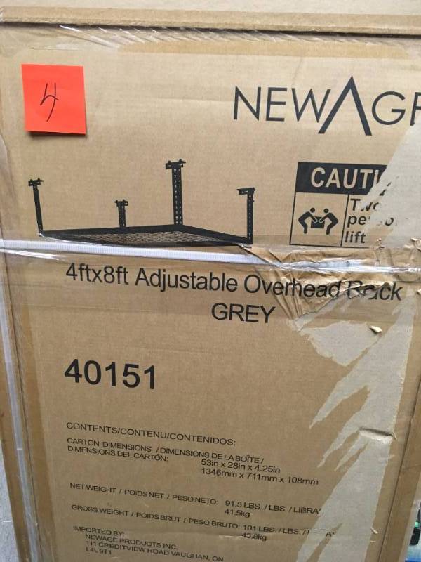 lot 4 image: NewAge Products Performance 96 in. L x 48 in. W x 42 in. H Adjustable VersaRac Ceiling Storage Rack in Gray QTY 2 not used