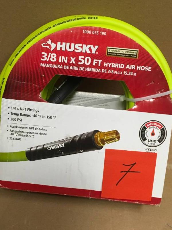 lot 7 image: Husky 38 in. x 50 ft. Hybrid Air Hose not used