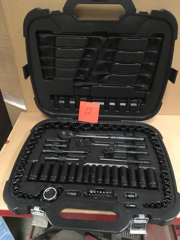 lot 12 image: Husky 14 in., 38 in. and 12 in. Drive 100-Position Universal SAE and Metric Mechanics Tool Set (105-Piece)