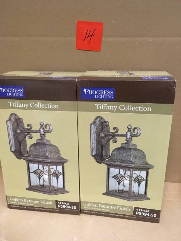 lot 14 image: Progress Lighting Tiffany 1-Light Golden Baroque Outdoor Wall Lantern P5994-50 QTY 2 not used
