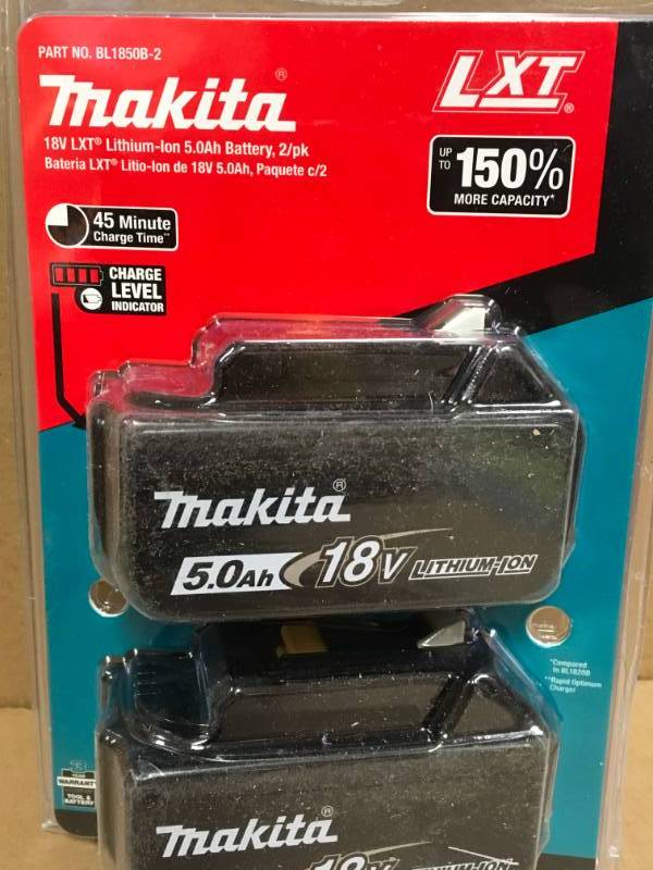 lot 18 image: Makita 18-Volt LXT Lithium-Ion High Capacity Battery Pack 5.0Ah with LED Charge Level Indicator (2-Pack) not used