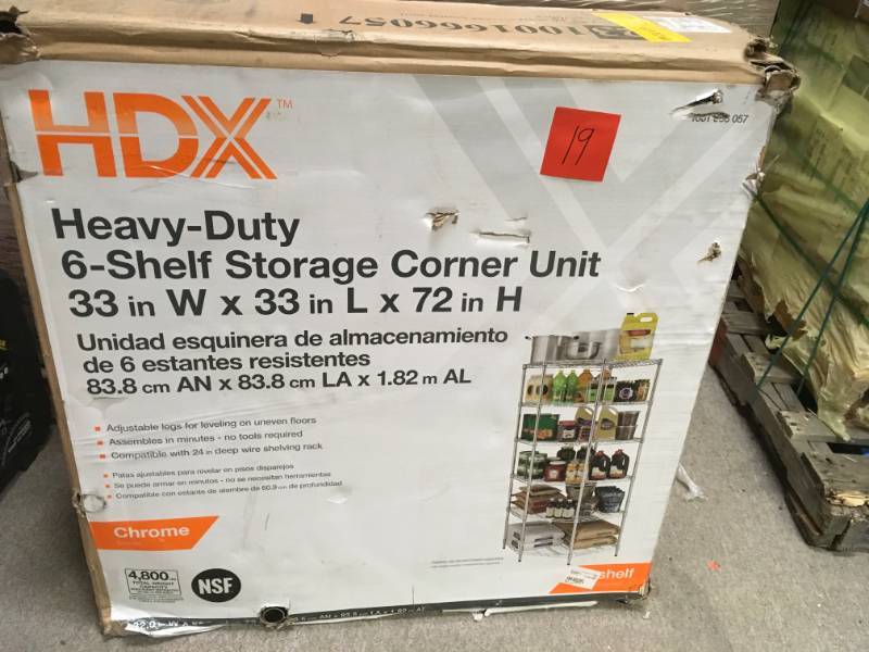 lot 19 image: HDX 6 Shelf 72 in. H x 33 in. W x 33 in. D Heavy Duty Wire Corner Shelving Unit in Chrome in good condition