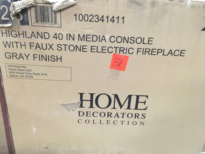 lot 31 image: Home Decorators Collection Highland 40 in. Media Console Electric Fireplace TV Stand in Faux Stone Gray in good working condition