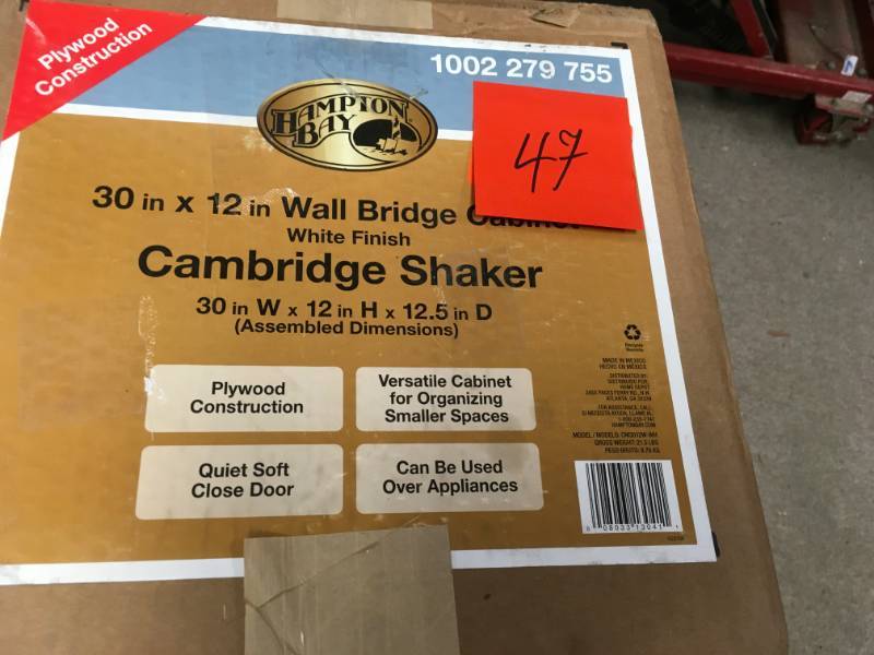 lot 47 image: Hampton Bay Cambridge Assembled 30x12x12.5 in. Wall Cabinet in White