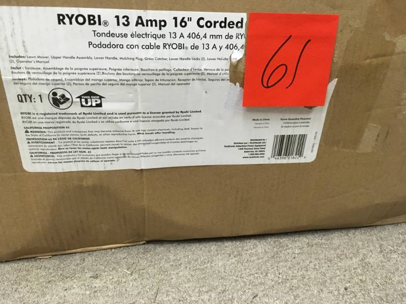 lot 61 image: RYOBI 16 in. 13 Amp Corded Electric Walk Behind Push Mower in good condition