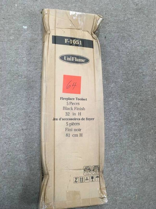 lot 64 image: UniFlame Black 5-Piece Fireplace Tool Set with Ball Handles and Square Base not used