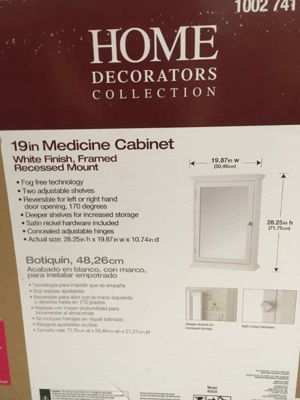 lot 70 image: Home Decorators Collection 19-78 in. W x 28-14 in. H Fog Free Framed Recessed Mount Extended Storage Bathroom Medicine Cabinet in White not used