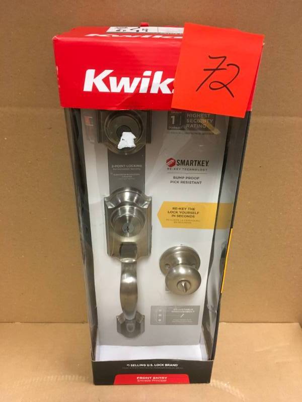 lot 72 image: Kwikset Montara Satin Nickel Single Cylinder Door Handleset with Juno Entry Door Knob Featuring SmartKey Security  in good working condition