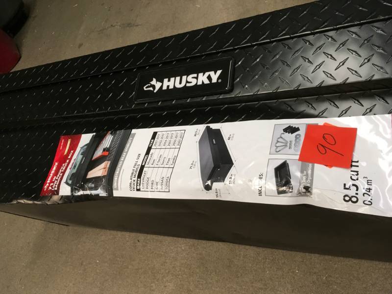 lot 90 image: Husky 71.3 in. x 20.5 in. x 15.6 in. Matte Black Aluminum Full Size Low Profile Saddle Truck Box in good condition