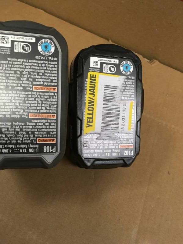 lot 91 image: ONE Ryobi P102 18V One Compact Lithium Ion Battery, Pack PLUS RYOBI 18-Volt ONE Lithium-Ion 4.0 Ah LITHIUM High Capacity Battery Pack P108  in good working condition