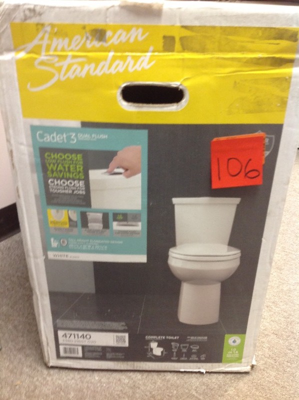 lot 106 image: American Standard Cadet 3 Tall Height 2-Piece 1.01.6 GPF Dual Flush Elongated Toilet in White with Slow Close Seat in good conditions