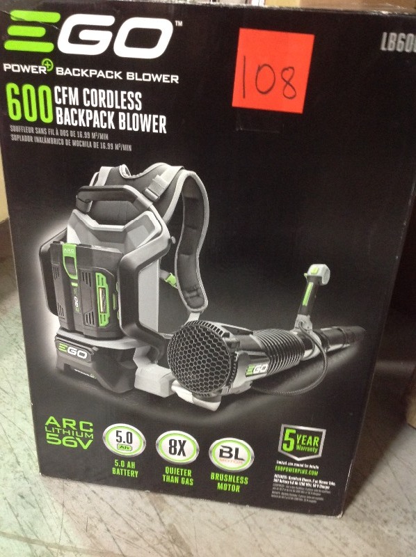 lot 108 image: EGO 145 MPH 600 CFM 56-Volt Lithium-ion Cordless Backpack Blower  Battery and Charger are not include in good working conditions