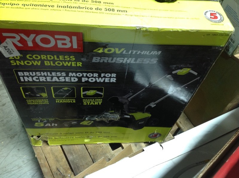 lot 115 image: RYOBI 20 in. 40-Volt Brushless Cordless Electric Snow Blower with 5.0 Ah Battery and Charger Included in good conditions
