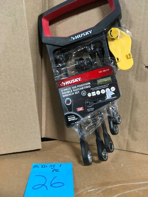 lot 26 image: Husky 100-Position Double Ratcheting Wrench Set SAE (6-Piece) MISSING 1 PC in very good condition
