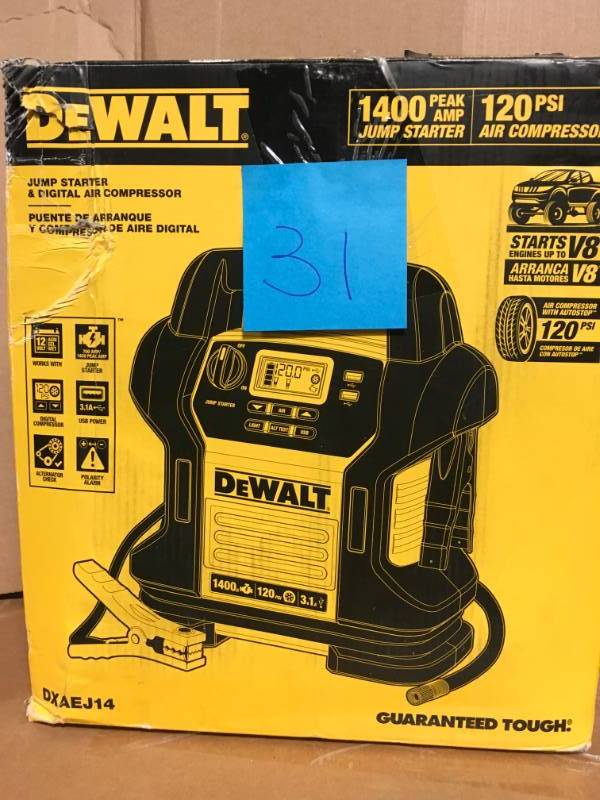 lot 31 image: DEWALT 1400 Peak Amp Jump Starter with Digital Compressor in very good condition