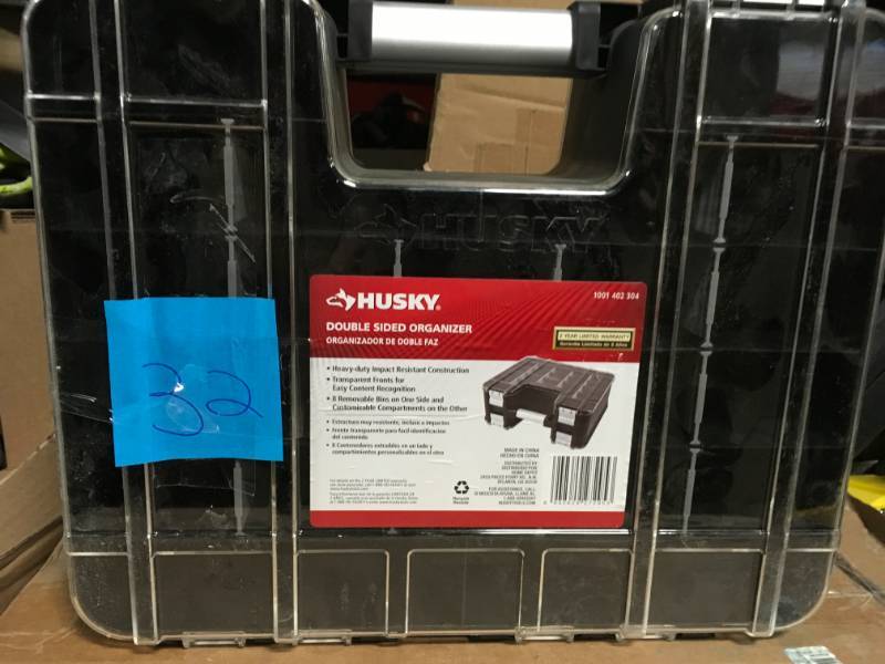 lot 32 image: Husky 15 in. x 13 in. Black Pro Double Sided Small Parts Organizer with Bins in very good condition