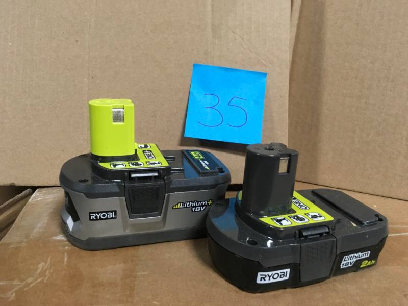 lot 35 image: ONE RYOBI 18-Volt ONE Lithium-Ion 4.0 Ah LITHIUM High Capacity Battery-Pack PLUS ONE RYOBI 18-Volt ONE 2.0 Ah Lithium-Ion Compact Battery Pack) in very good condition
