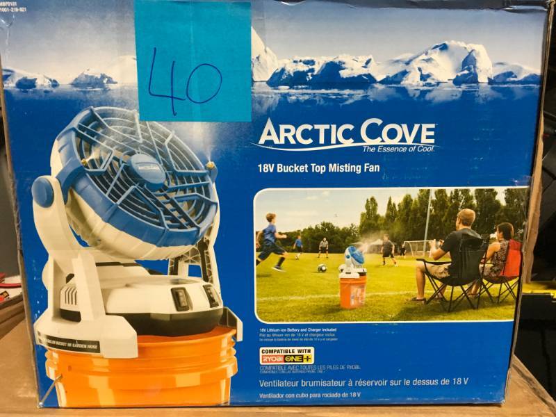 lot 40 image: Arctic Cove 18-Volt Two Speed Misting Bucket Top Fan not used