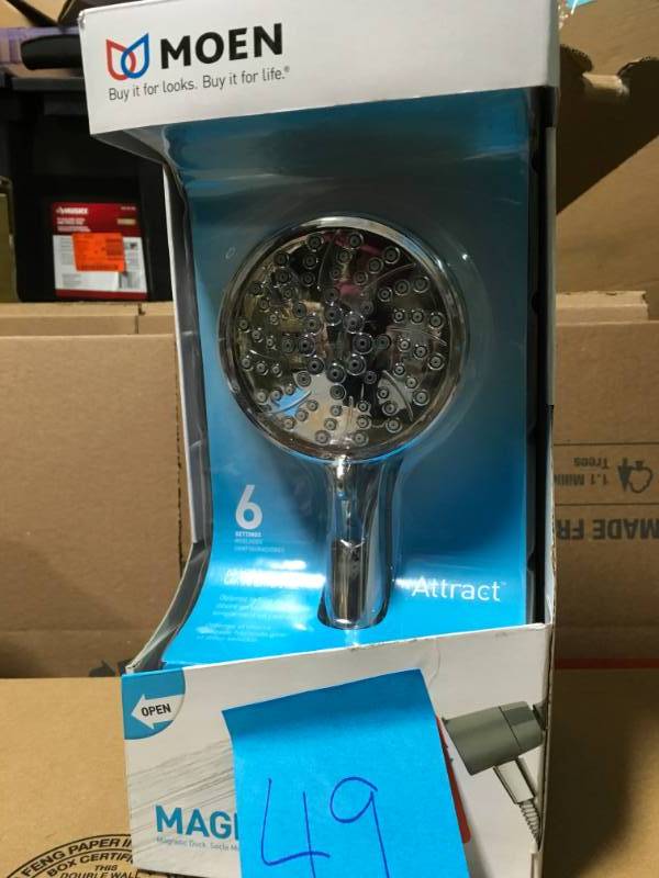 lot 49 image: MOEN Attract 6-Spray 4 in. 1.75 GPM Handheld Shower with Magnetix in Chrome in very good condition