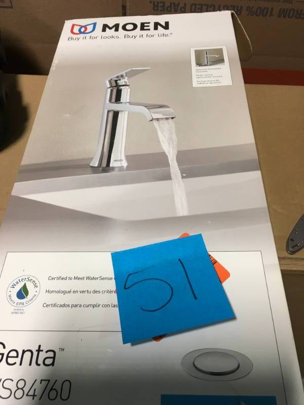 lot 51 image: MOEN Genta Single Hole Single-Handle Bathroom Faucet in Chrome in very good condition