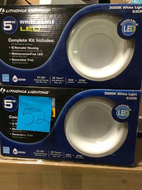 lot 52 image: Lithonia Lighting 5 in. Matte White Recessed Baffle Integrated LED Lighting Kit QTY 2 in very good condition