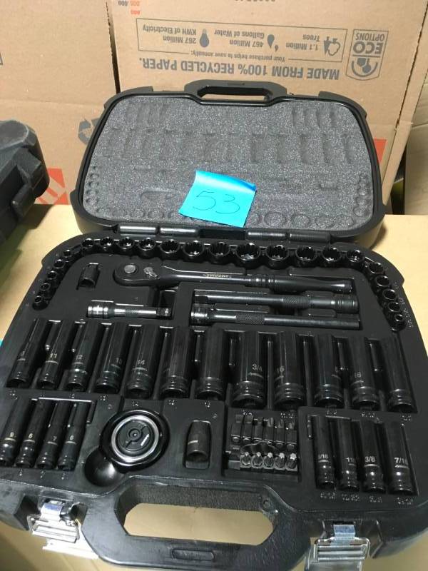 lot 53 image: Husky 38 in. Drive 100-Position Universal SAE and Metric Mechanics Tool Set (60-Piece) in very good condition