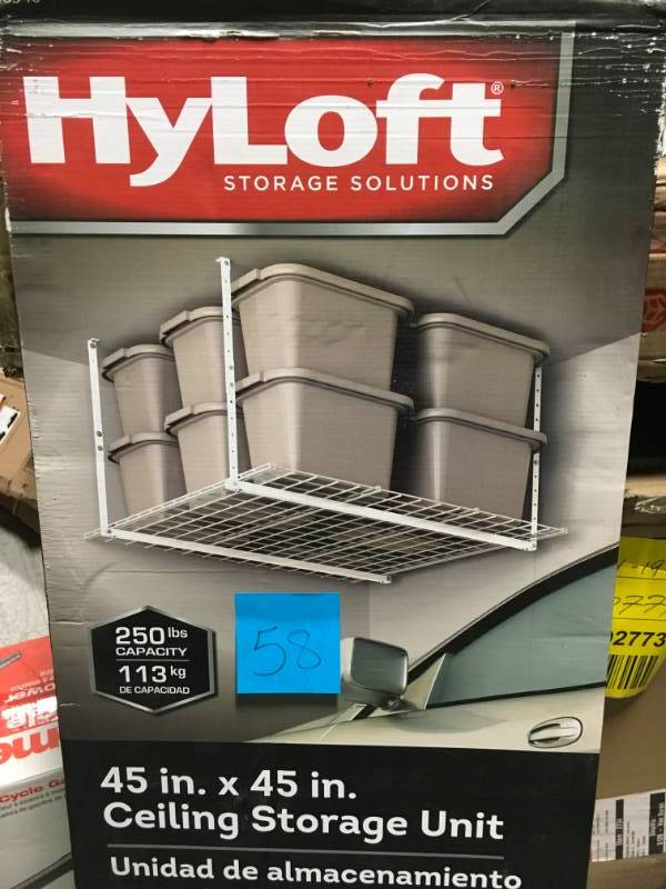 lot 58 image: HyLoft 45 in. W x 45 in. D Garage Ceiling Mount Storage Unit in White in very good condition