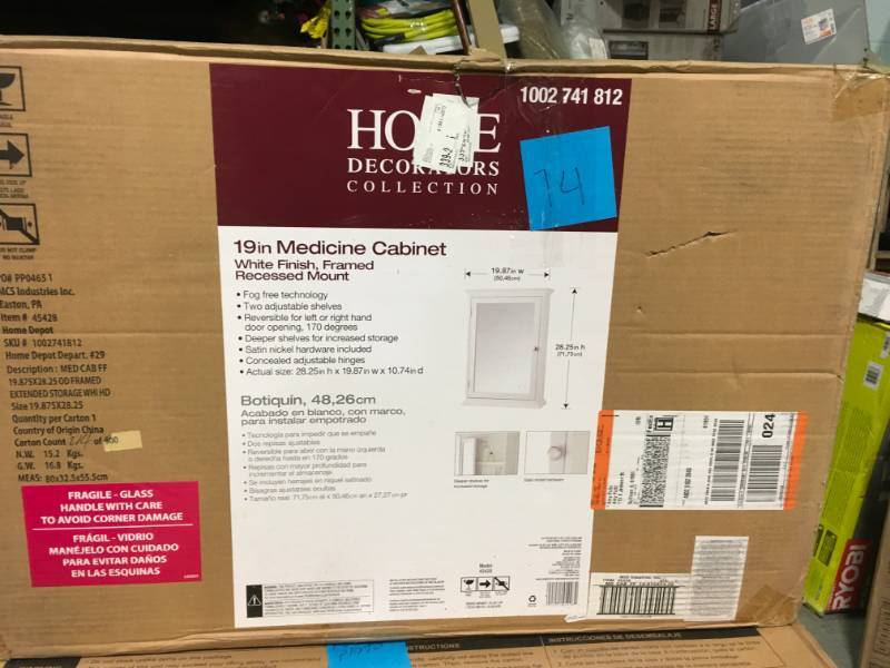 lot 74 image: Home Decorators Collection 19-78 in. in very good condition W x 28-14 in. H Fog Free Framed Recessed Mount Extended Storage Bathroom Medicine Cabinet in White