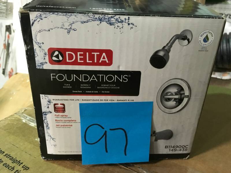 lot 97 image: Delta Foundations Single-Handle 1-Spray Tub and Shower Faucet in Chrome in very good condition