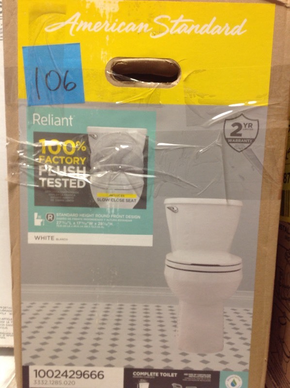 lot 106 image: American Standard Reliant 2-piece 1.28 GPF Single Flush Round Toilet in White with Slow Close Seat in good conditions