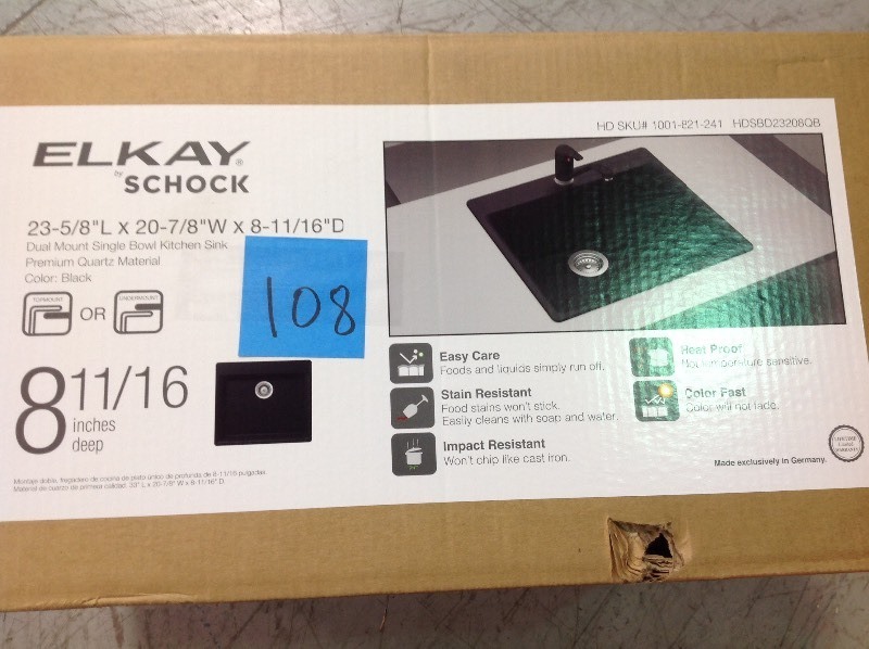 lot 108 image: Elkay by Schock Drop-InUndermount Quartz Composite 23 in. Single Bowl Kitchen Sink in Black not used