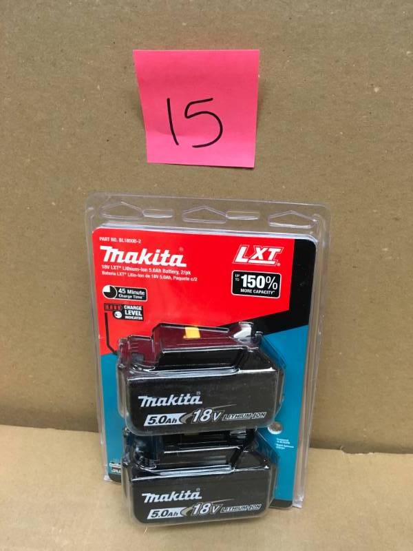 lot 15 image: Makita 18-Volt LXT Lithium-Ion High Capacity Battery Pack 5.0Ah with LED Charge Level Indicator (2-Pack) not used