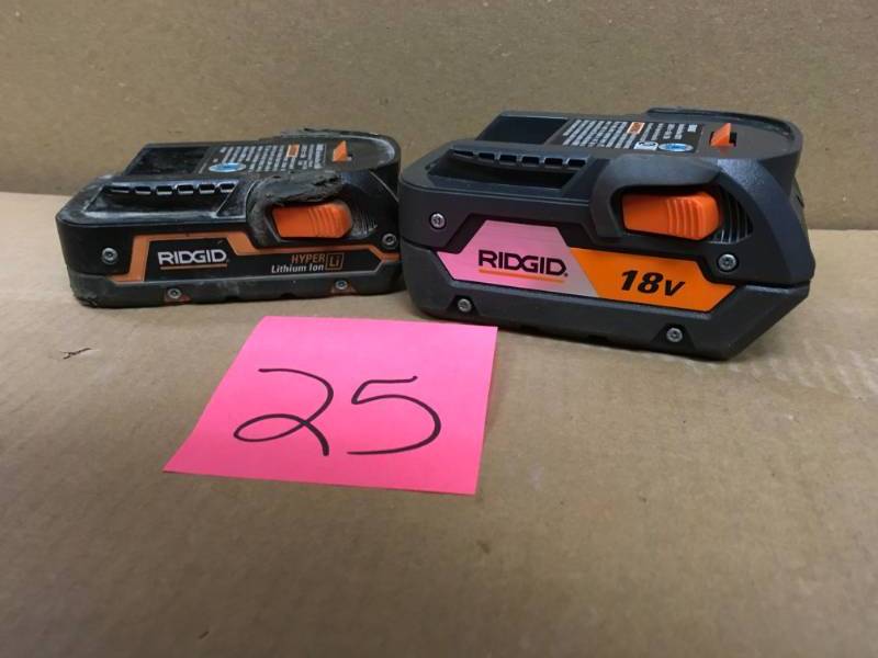 lot 25 image: ONE RIDGID 18-Volt Lithium-Ion 4.0Ah Battery Pack PLUS ONE RIDGID HYPER LITHIUM ION BATTERY PACK  in very good condition
